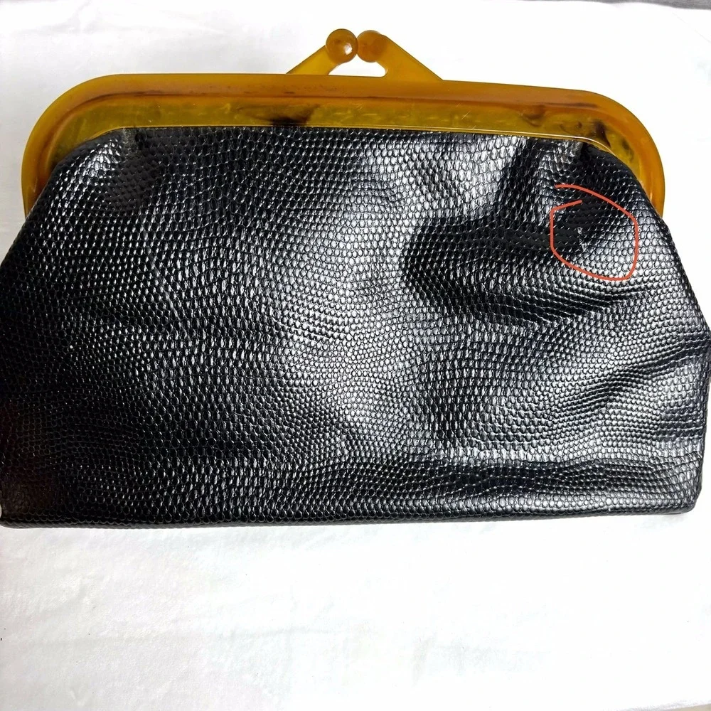 Vintage 70s Black Faux Snakeskin Clutch With Tortoiseshell Lucite Kisslock Frame